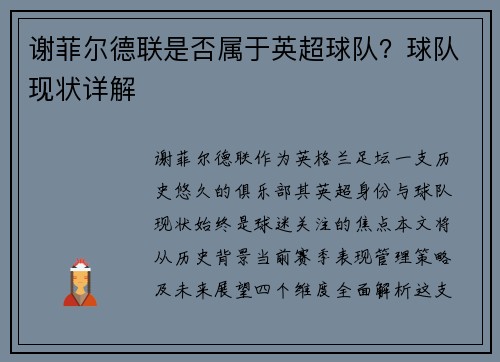 谢菲尔德联是否属于英超球队？球队现状详解