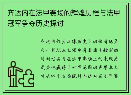 齐达内在法甲赛场的辉煌历程与法甲冠军争夺历史探讨