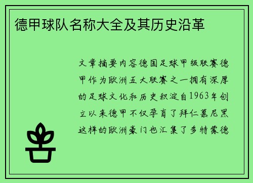 德甲球队名称大全及其历史沿革